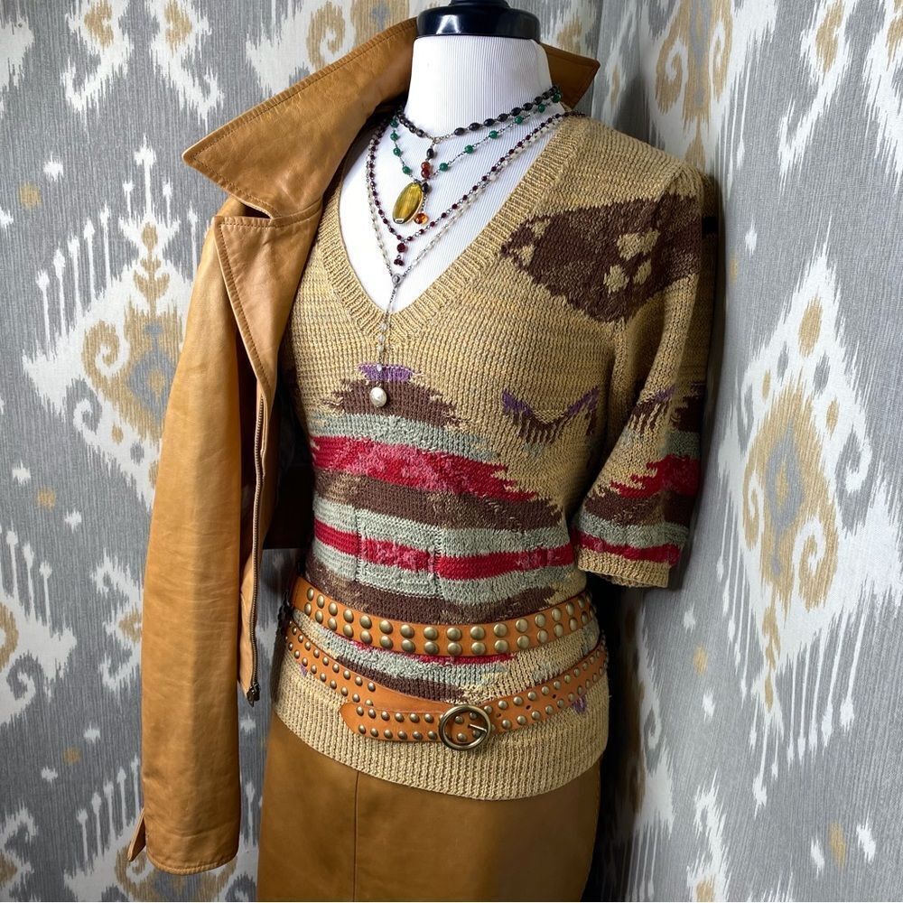 Ralph Lauren Tan Multi Southwest Aztec Hand-Knit Linen Silk V-Neck S/S Sweater
